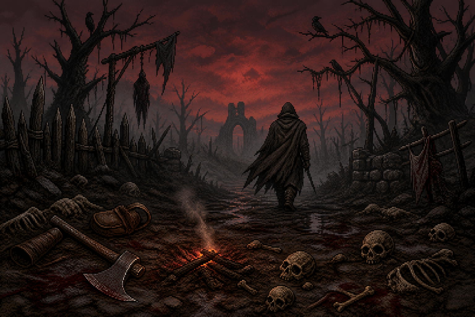 A lone wanderer leaves a dying fire on a bone-strewn path.